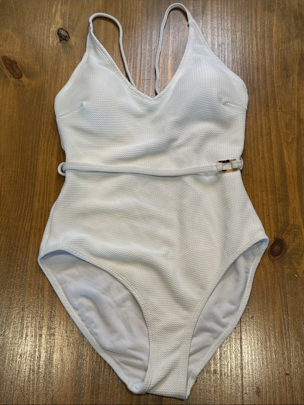 White Textured One-Piece Swim Suit with Waist Belt NWOT
